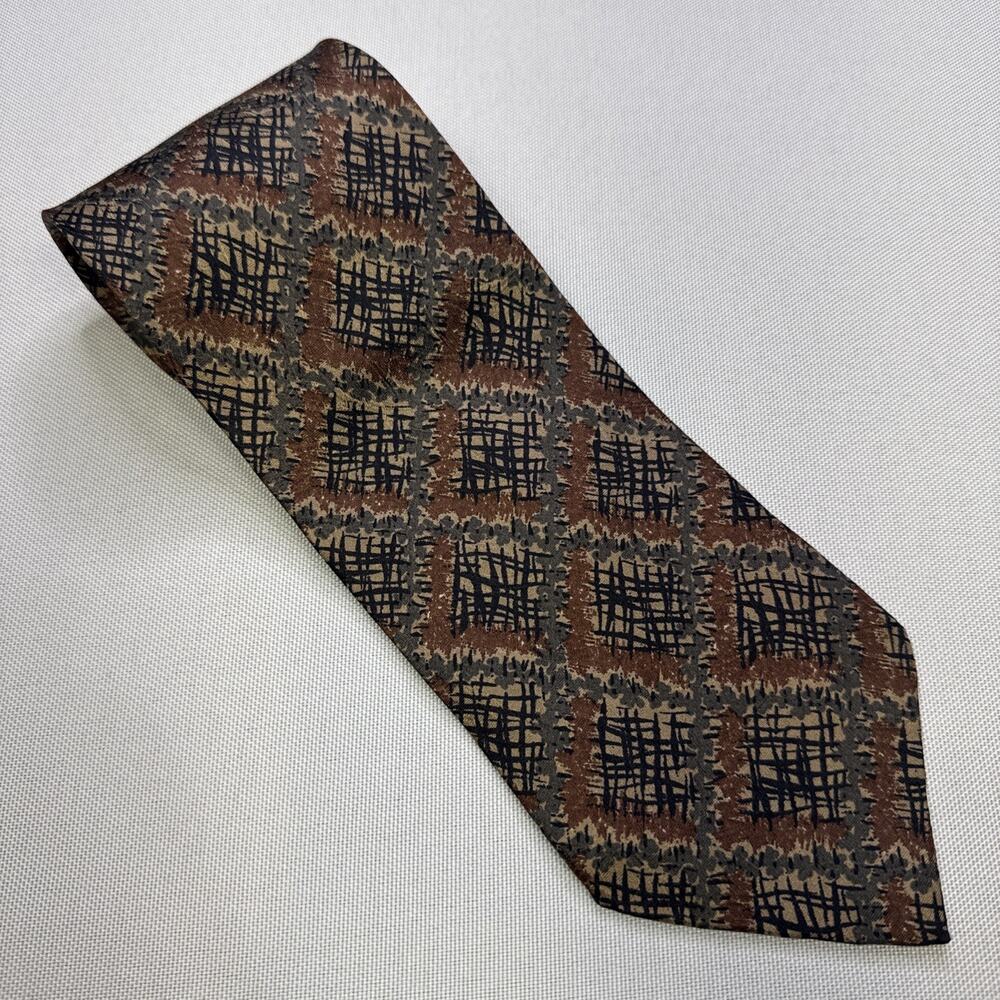Vtg 90s Calvin Klein Collection Silk Tie Brown Geometric Abstract Plaid Italy